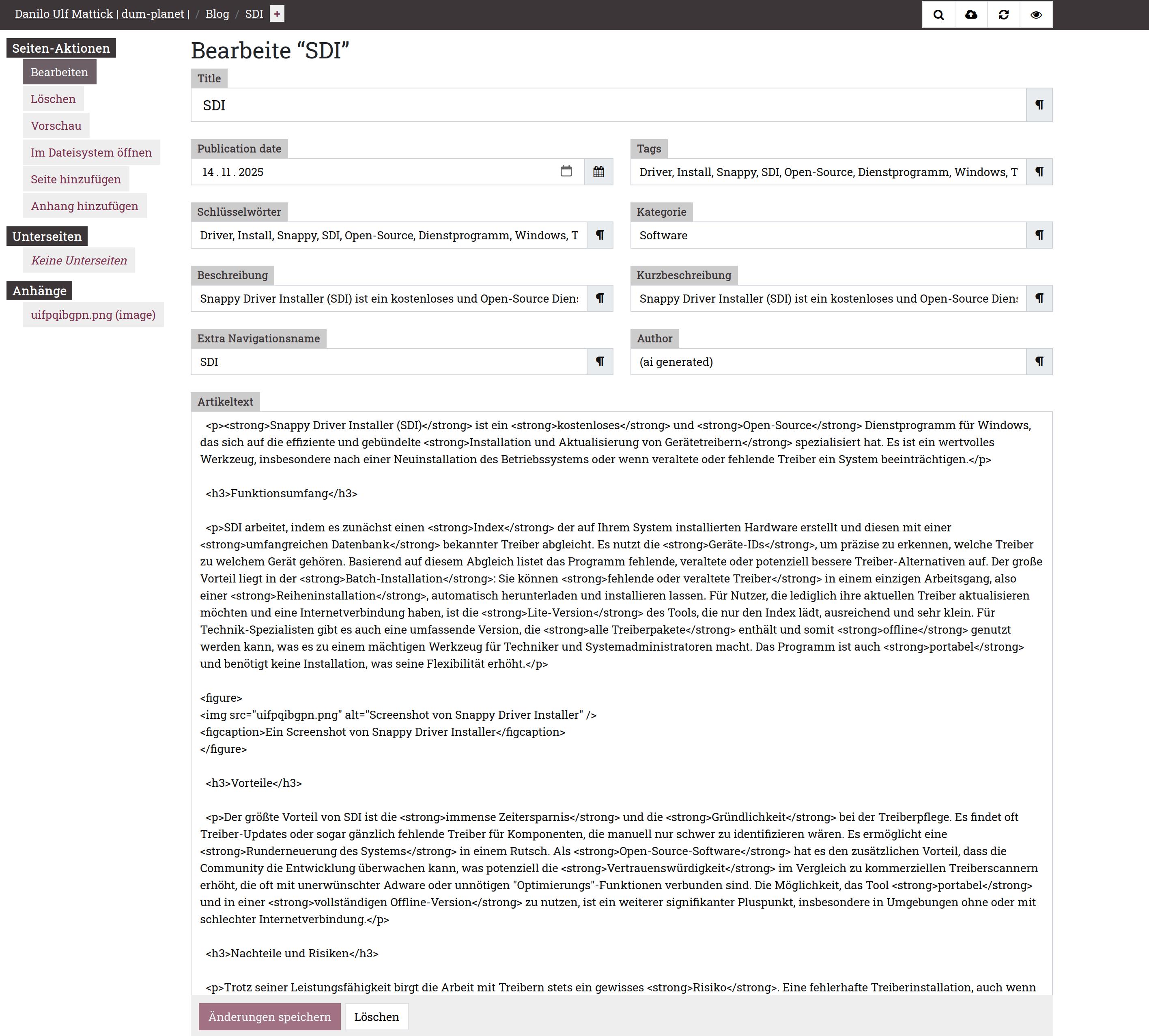 Backend-Screenshot des Lektor CMS