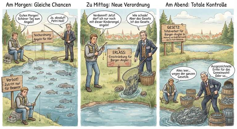 Angler Analogie am Teich zwischen Bürger und Politik.